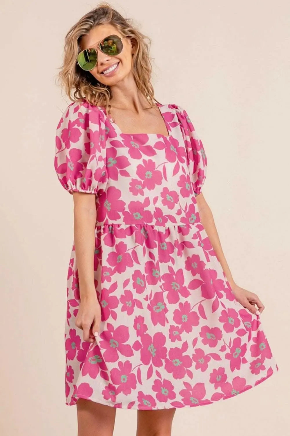 Vintage Charm Square Neck Puff Sleeve Mini Dress with Unique Print - Love Salve